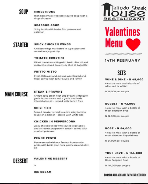 Talindo Steakhouse Vals Menu 2017