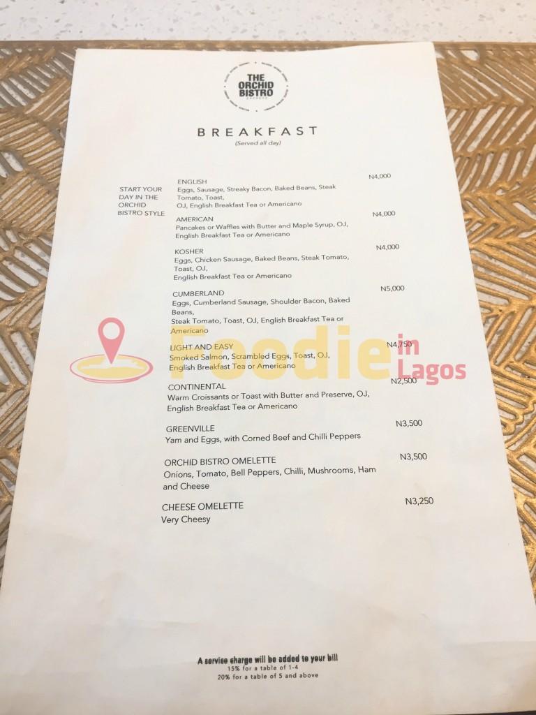 Orchid Bistro Express Breakfast Menu