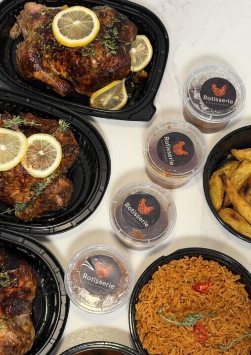 roast chicken with jollof rice and fries Lagos